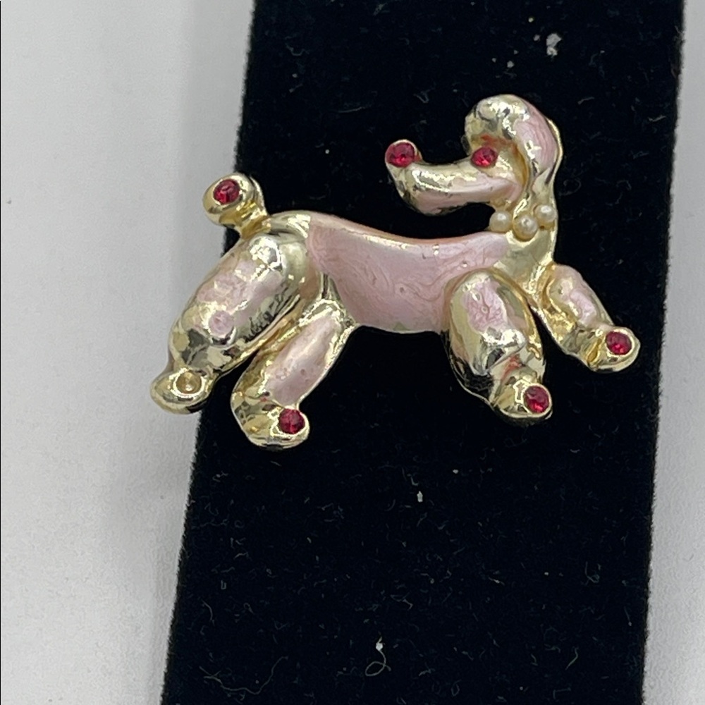 4.7.26-13 Pink Poodle Enamel Brooch with Ruby-Tone Accents